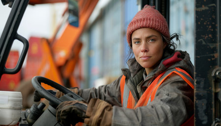 Female foreman driving forklift, engineer lifting cargo at logistic terminal with copy space.の素材
