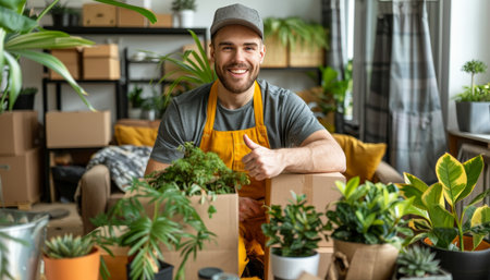 Young happy mover in overall showing thumbs up in new house living room with cardboard boxの素材