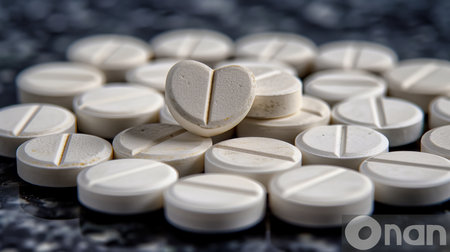 Love pills with heart shape symbol for man power on blurred background, copy space availableの素材