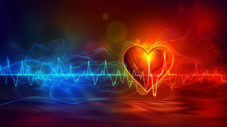 Heartbeat chart with heart symbol on magical blurred background for clinic with copy spaceの素材