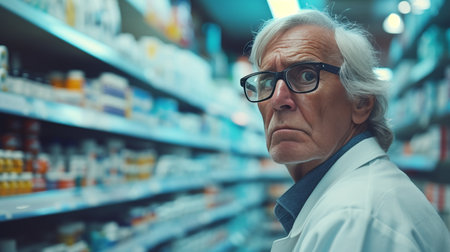 Mature male pharmacist in modern pharmacy, with blurred background and space for text placementの素材