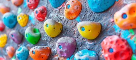 Young girl climbing indoor rock wall in safety harness, youth sports adventure with copy spaceの素材