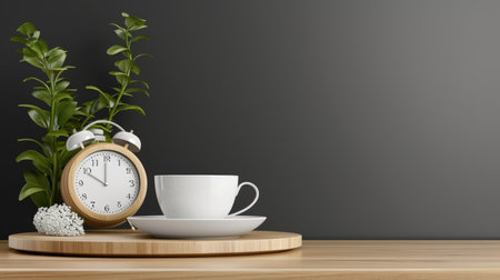 Vintage alarm clock and coffee cup on dark background with ample copy space for text placementの素材