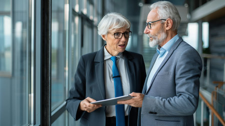 Joyful business team in animated conversation about work on a tablet in a sleek office settingの素材