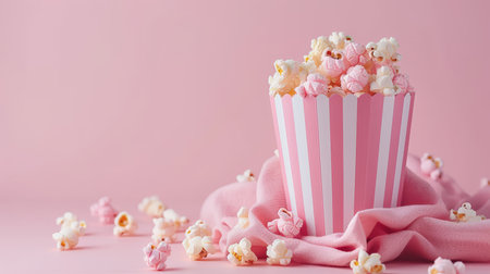 Scattered delicious popcorn from pink striped box on pastel background with copy spaceの素材