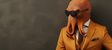 Friendly octopus in business suit working in office, studio shot on plain wall with text spaceの素材