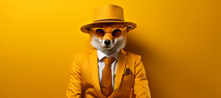 Friendly fox in formal business suit in corporate workplace studio shot with copy spaceの素材