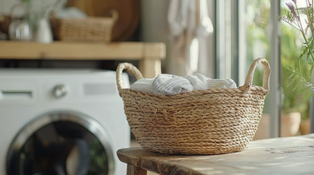 Laundry basket on modern washing machine blurred background for household chores conceptの素材