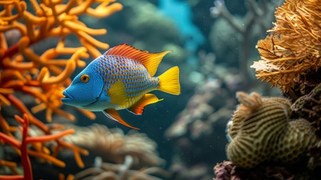 Colorful blue jaw triggerfish swimming among vibrant corals in a saltwater aquariumの素材