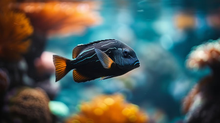 Vibrant chromis fish glides through colorful coral reef in saltwater aquarium environmentの素材