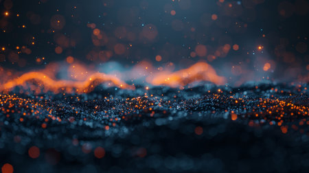 Abstract glowing fire embers particles on black background   dark sparkling fire sparks lightsの素材