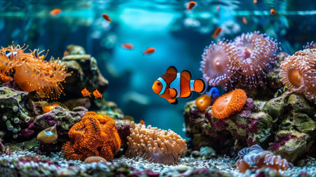 Colorful royal gramma fish swimming among vibrant corals in saltwater aquarium environmentの素材