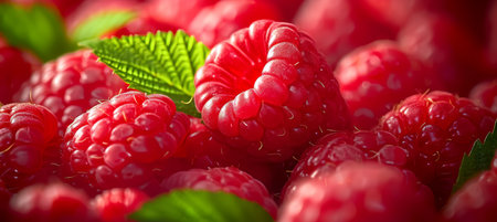 Close up of ripe, juicy red raspberries with vibrant color and intricate textured detailの素材