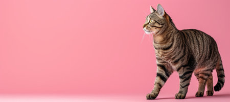 Fluffy cat walking on pastel background with copy space for advertising and text placementの素材