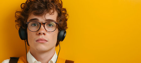 Creative young man wearing hi tech glasses and headphones on vibrant background with copy spaceの素材