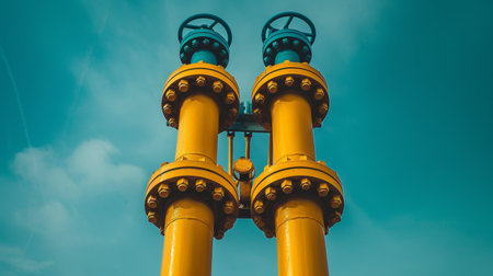 Gas pipelines and valves at distribution station under blue sky with copy space, industrial settingの素材