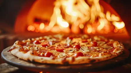 Expert chef preparing mouth watering pizza in a sleek modern restaurant kitchen settingの素材