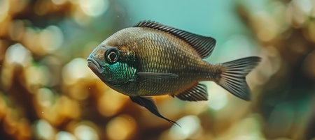 Colorful chromis fish swimming among vibrant corals in a saltwater aquarium environmentの素材