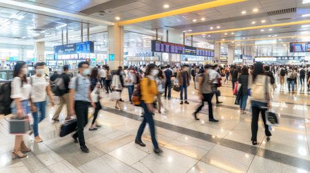 Vivid light trails in busy subway, train station, or airport with rush hour commuters silhouettes.の素材