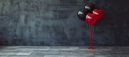 Black friday sale ad with red and black balloons on dark background, space for text, shopping promo.の素材