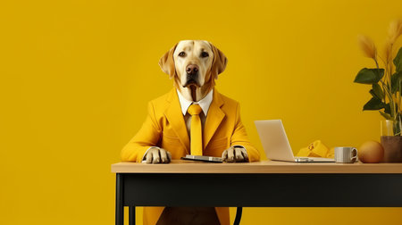 Anthropomorphic dog in formal business suit working in corporate office, studio shot with copy spaceの素材