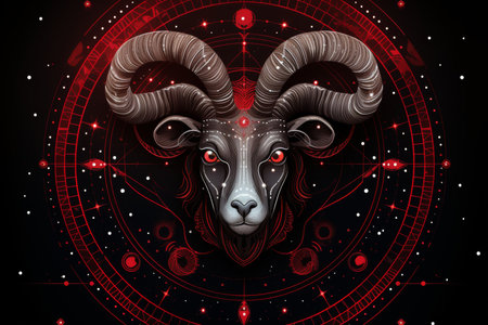 Capricorn zodiac sign glowing in bold red on black background in vector style illustrationの素材