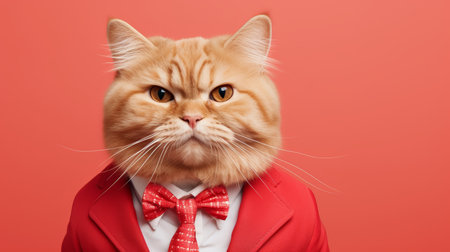Anthropomorphic cat in business suit at corporate office, studio shot on plain wall with copy spaceの素材