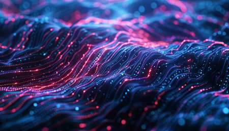 Glowing neon wave lines with bokeh lights for data transfer concept   fantastic wallpaper.の素材