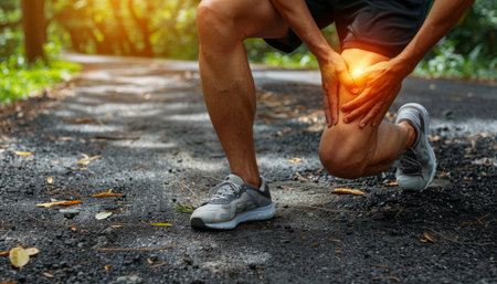 Man holding knee in pain after exercise in park, muscle injurycopyspace available for text placementの素材