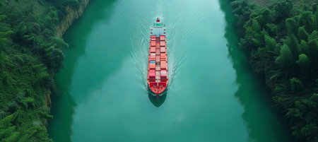 Aerial view of container cargo ship in canal with space for text placement opportunitiesの素材