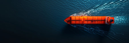 Aerial view of vibrant container cargo ship in blue sea with ample copy space for text placementの素材