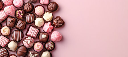 Chocolate candies on pastel gradient background, close up view with copy space for text placementの素材