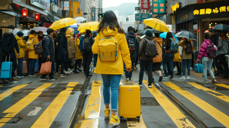Asian woman traveler walking with suitcase at modern transport hub stop outdoorsの素材