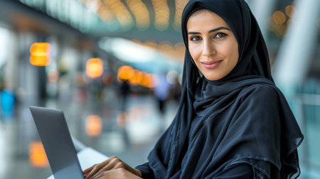 Confident arab businesswoman in hijab working on laptop in modern office environmentの素材