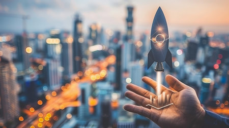 Businessman launching rocket for fast business growth and success, startup conceptの素材