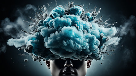 Businessman head explosion symbolizing the power of ideas in explosive brainstorming chaos.の素材