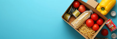 Volunteer collecting grocery products for donation in cardboard boxcharity concept with copy space.の素材