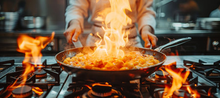 Skilled female chef preparing dishes in modern kitchen with ample space for textの素材