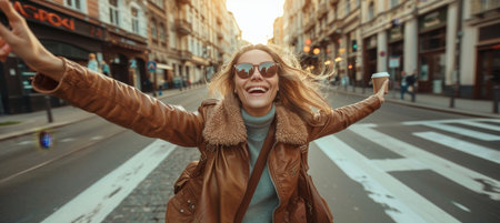 Vacationing woman taking a selfie with a coffee cup, radiating joy and holiday vibes.の素材