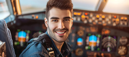 Confident male pilot in airplane cockpit, smiling aviator with copy space for text placement.の素材