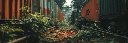 Freight train carrying shipping containers passing through forest along railway tracksの素材