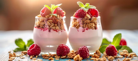 Nutritious breakfast with yogurt, granola, and berries on wooden surface, space for text placementの素材