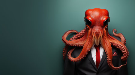 Octopus in business suit at corporate studio with text space for anthropomorphic concept.の素材