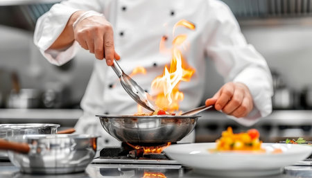 Close up shot of professional chef s hands preparing food with fiery flair in a restaurant kitchenの素材