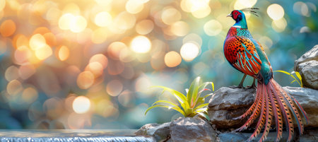 Beautiful wild pheasant in natural habitat with blurred forest field background, space for textの素材