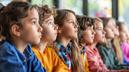 Diverse group of children sitting together in a school classroom learning computer skillsの素材