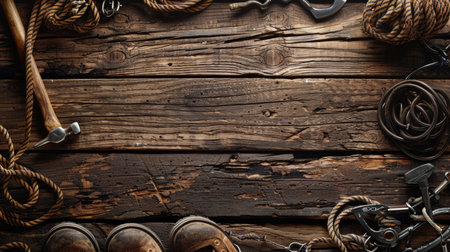Climbing gear set with helmet, hammer, carabiner, and trekking shoes on wooden background.の素材