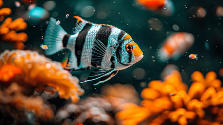 Moorish idol fish swimming among vibrant corals in a captivating saltwater aquarium.の素材