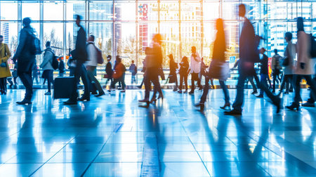 Commuters silhouettes in subway, train station, or airport with colorful light trailsの素材
