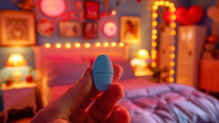 Man s hand holds blue pill against blurred bedroom, health and medication concept in home setting.の素材